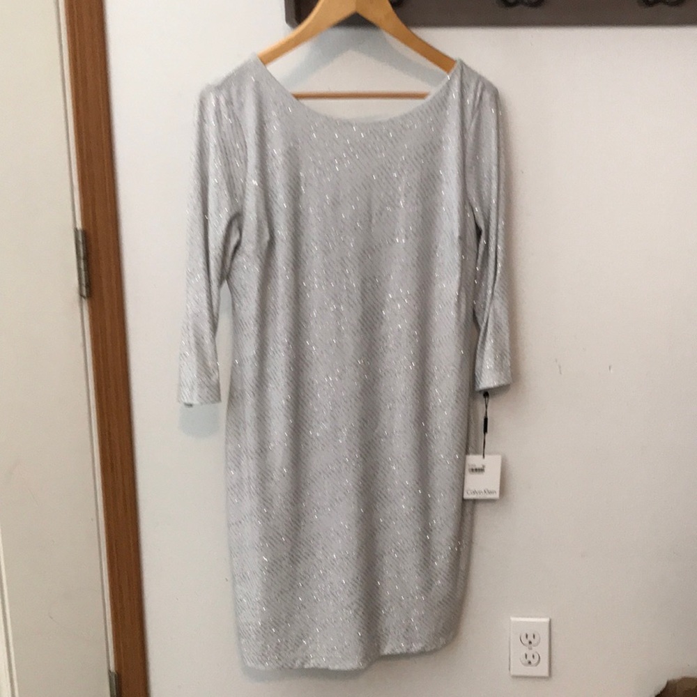 Calvin Klein Dress white, silver glitter, 3/4 sleeve, size 14,